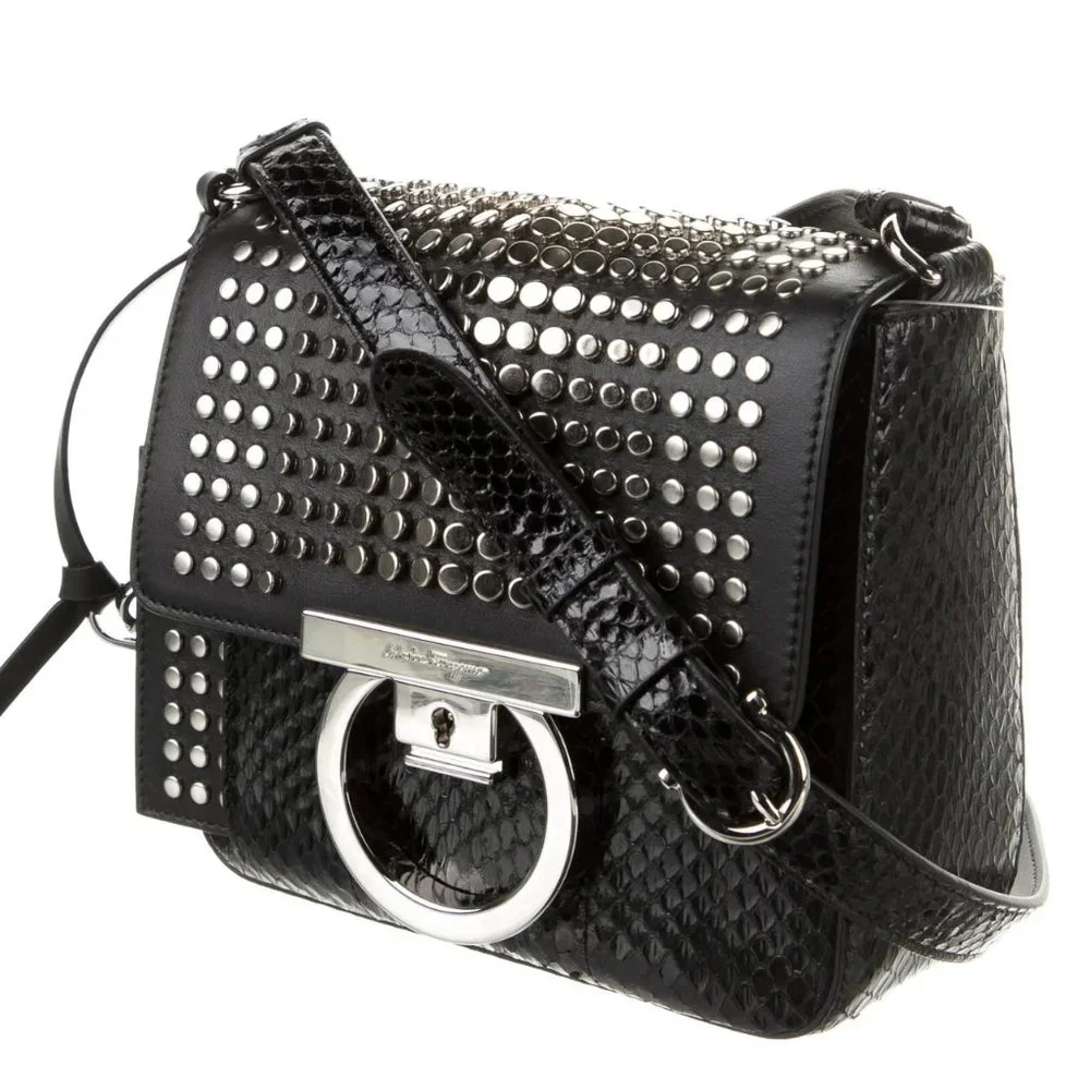 Salvatore Ferragamo Studded Exotics Python Shoulder Grancini Flap Mini Bag